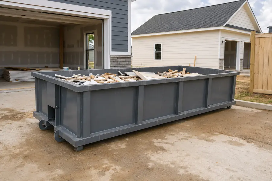 Roll-off dumpster at an organized construction cleanup site