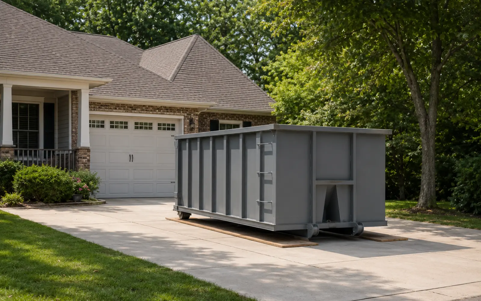 Unbranded roll-off dumpster positioned in a residential driveway