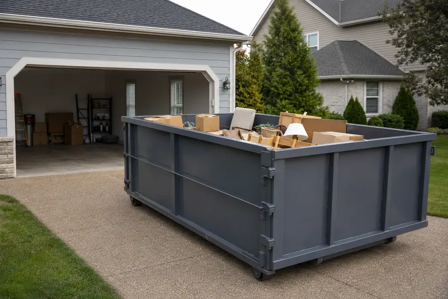 Roll-off dumpster being used for a residential home cleanout